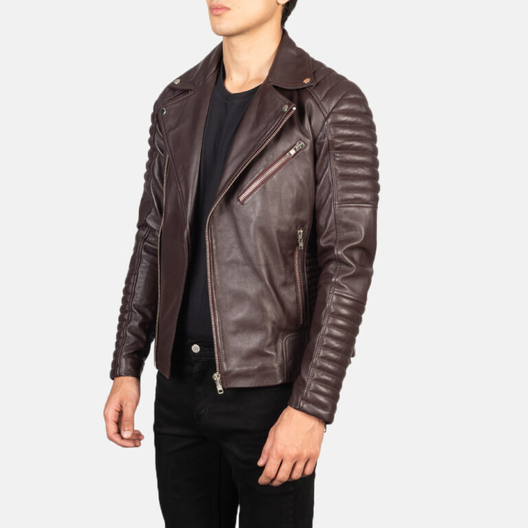 Mens Armand Maroon Leather Biker Jacket Side Pose-3-1634127404271